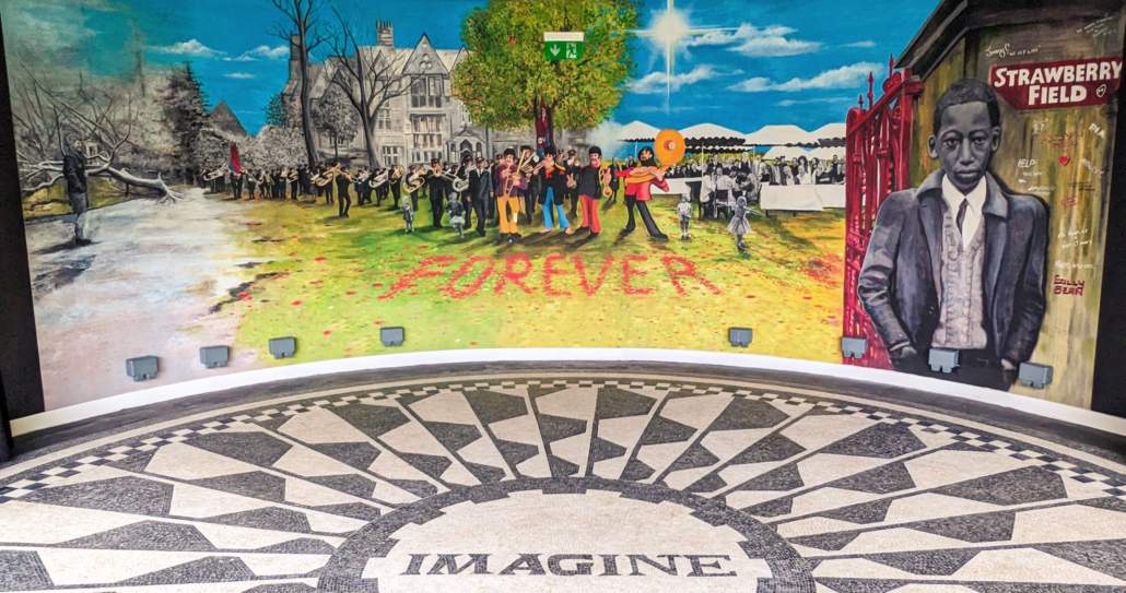 Mural and imagine mosaic inside the Strawberry Field Bandstand.
